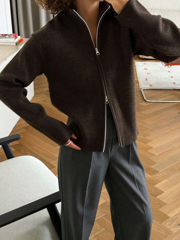 Áo khoác cardigan len dệt kim cổ đứng khóa kéo hai chiều dài tay — Màu nâu cà phê, Màu trắng, màu đen, màu đỏ chi tiết 21