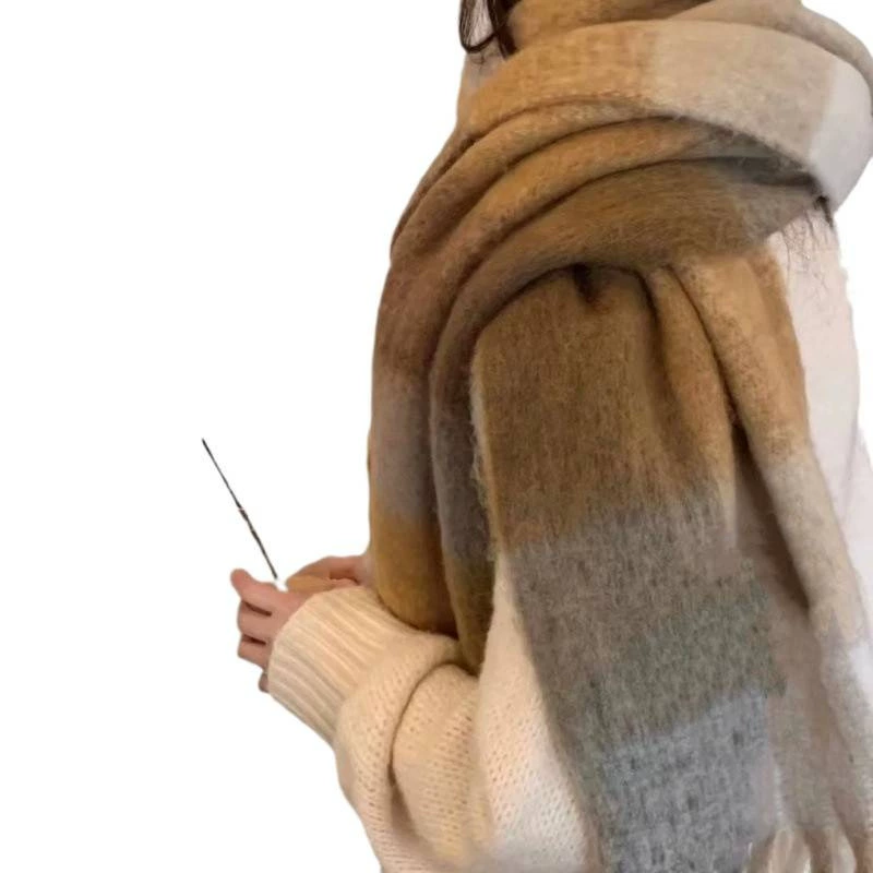 Демисезонный тёплый шарф радужного цвета, плащ с кисточками, европейский стиль