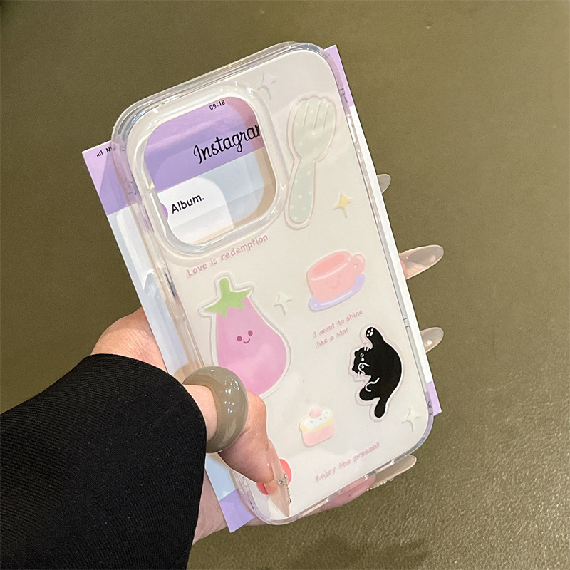 Ins lindo gato iPhone13 manzana berenjena anillo hebilla 14ProMax para Apple 15P funda para teléfono móvil 12