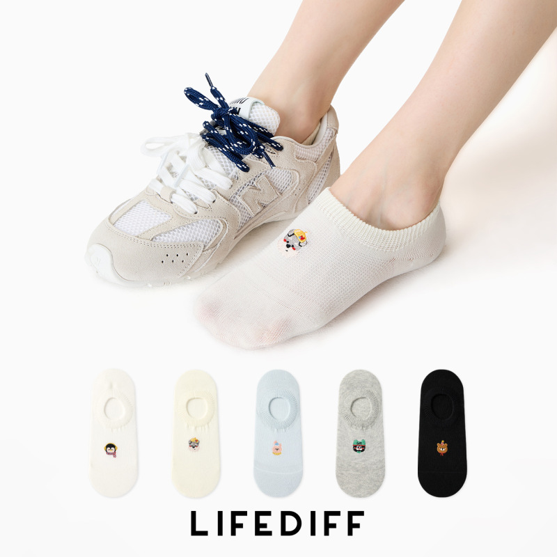 Summer Non-Slip Boat Socks, Cute Cartoon Embroidered Thin Socks for Women, Seamless Invisible Socks 26229