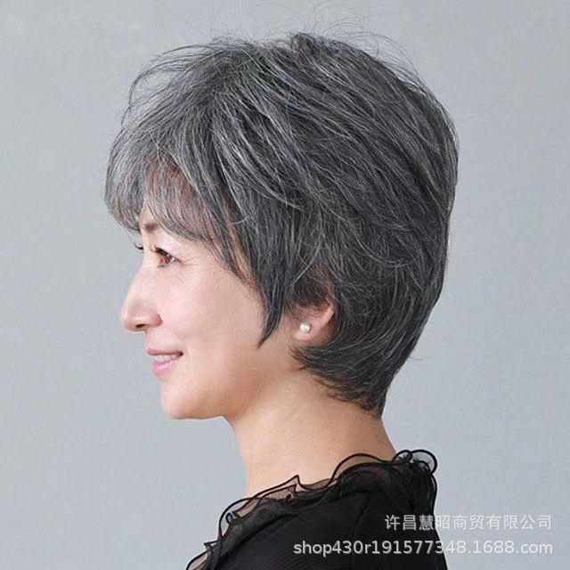 レディース花白真髪髪ショートストレートおばあちゃん白髪整えトップヘアセット老人花白ミックス真髪フル真髪|undefined