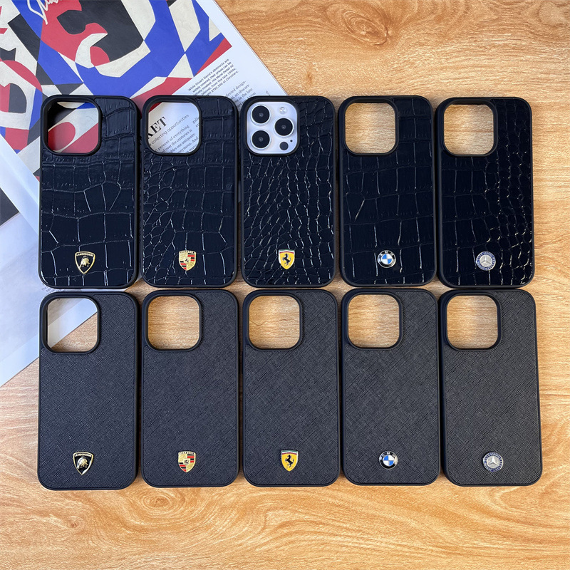 Luxury car logo for iPhone15/14promax Apple 13/12 high-end mobile phone case 16 cross crocodile pattern