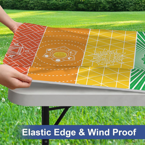 A geometric pattern windproof and dustproof tablecloth cover for dining table, picnic table, outdoor table, all-around elasticized edge