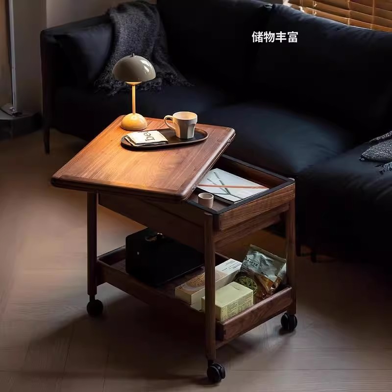 家用移动茶几小户型客厅黑胡桃木折叠桌面实木客厅随行移动边几|undefined
