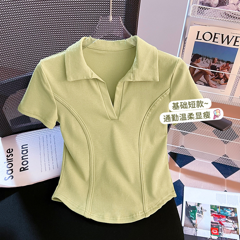 Polo襟の肩の半袖のtシャツの女性の夏のアメリカのレトロなギャルの底のシャツの甘い辛い風の魚の骨は腰の上着を収めます。|undefined