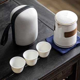 White Porcelain Painting Gold Express Cup Travel Tea Set Ceramic Simple One Pot Three Cups Portable Storage Outdoor Kung Fu Tea Set