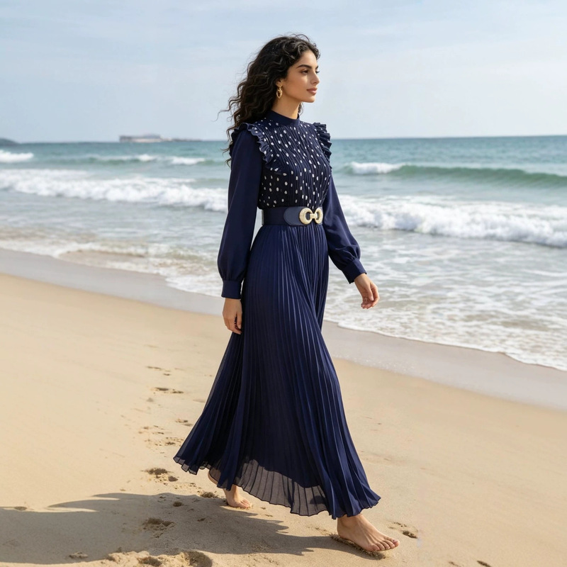 Cross-Border New Model Factory Direct Sale Turkish-Pakistani Women's Elegant Polka Dot Crinkled Long-Sleeve Long Dress