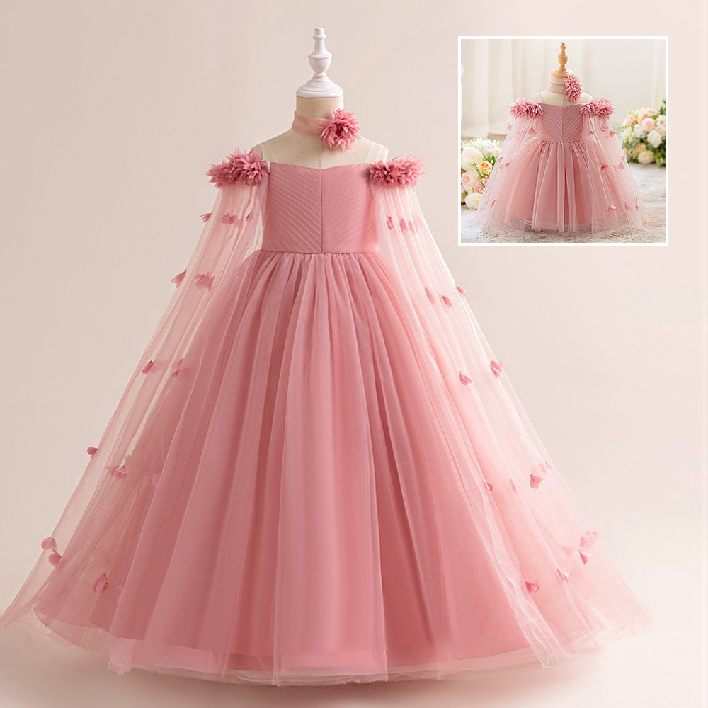 Vestido infantil decal de malla vestido de princesa chalelas de hombro para niños vestidos de alta gama logotipo de certificación transfronteriza