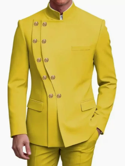 Cross-Border Men's Stand-Collar Double-Breasted Suit Aliexpress Foreign Trade Banquet Slim-Fit Men's Suit Set Cross-Border