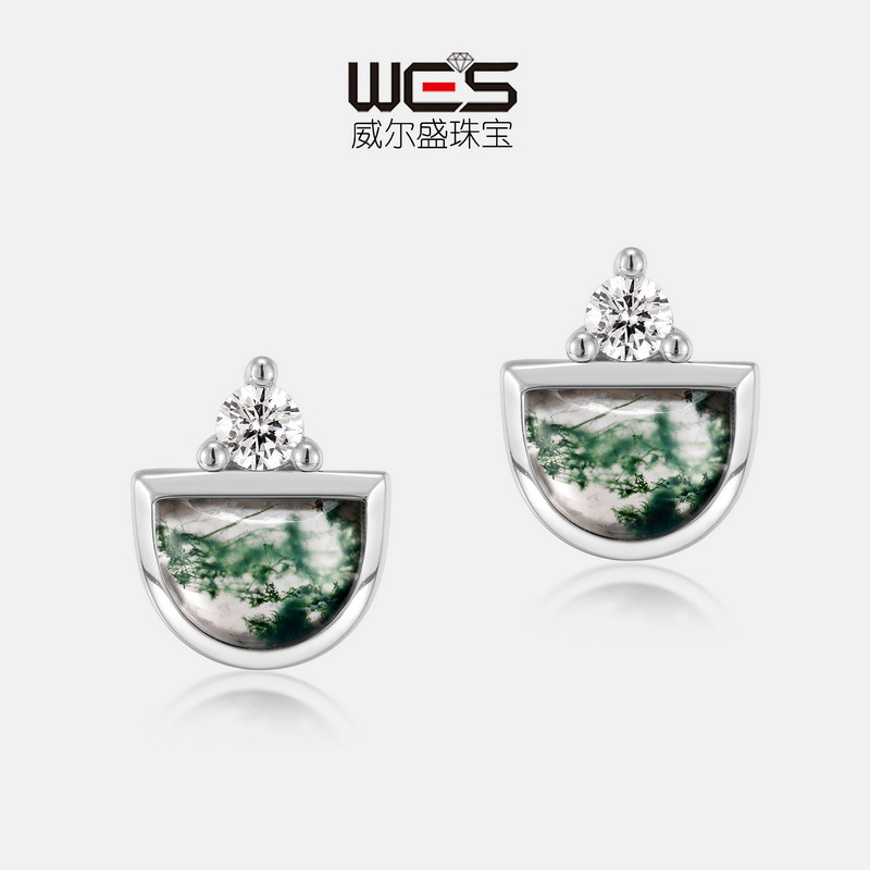 Deseo transfronterizo e-commerce suministro S925 plata con incrustaciones de musgo verde piedra Stud pendientes hembra ágata acuática pendientes moda europea y americana