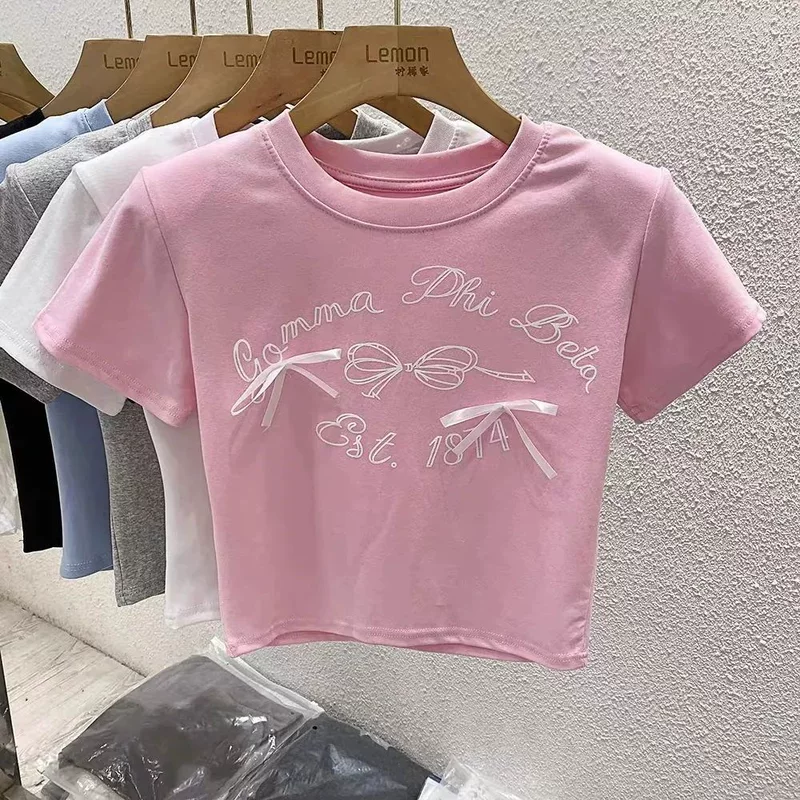 Summer clothing, children's cute short sleeve T-shirt with bow, western style, Korean style