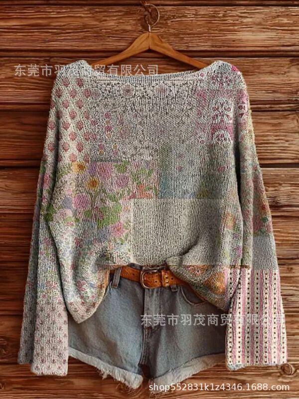 独立站新款高领卫衣仿毛衣 秋冬季碎花圆领宽松毛衣2|undefined