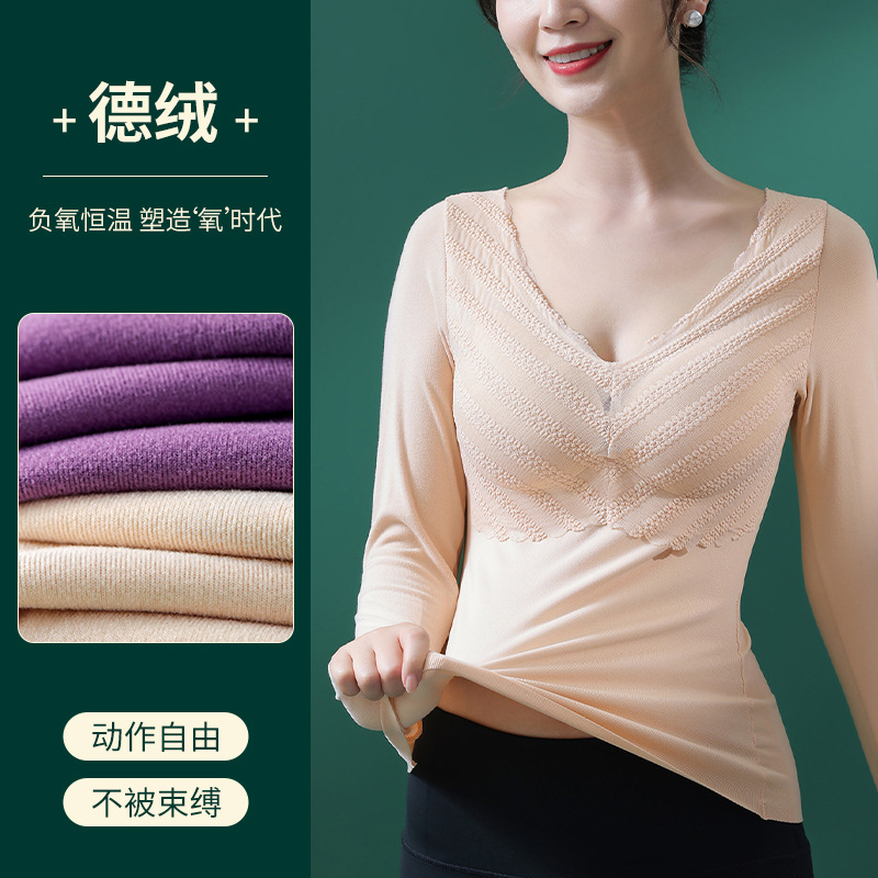 Otoño e Invierno de terciopelo sin costuras ropa interior térmica engrosada de las mujeres con cuello en V encaje bottoming ropa con almohadilla en el pecho temperatura constante térmica de manga larga