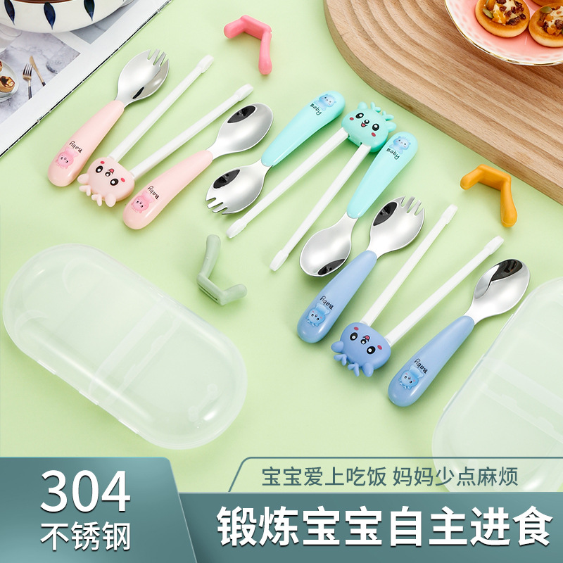Factory Direct Sales 304 Stainless Steel Children's Fork, Spoon, and Chopsticks for Infants and Toddlers Training to Eat, Fun and Cute Children's Tableware