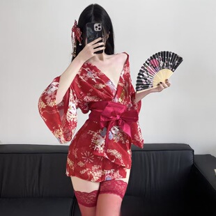 Sexy Cartoon Print Kimono with Deep V Outer Robe and Waist Belt, Japanese Style Internet Celebrity Nightdress, Lingerie 2112