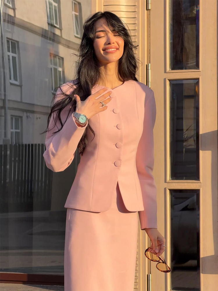 Chaqueta de traje con cuello redondo de elastano monopecho para otoño e invierno
