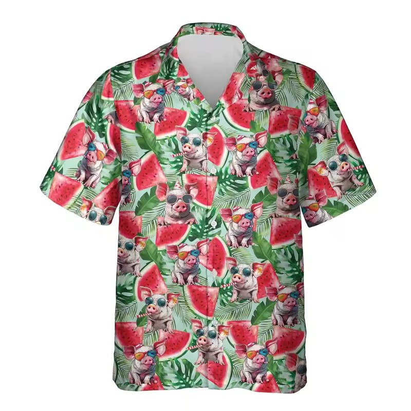 Divertido, lindo, lindo, flor, cerdo blanco, estampado 3D, personalidad de la calle para hombres, camisa suelta con botones de solapa de manga corta