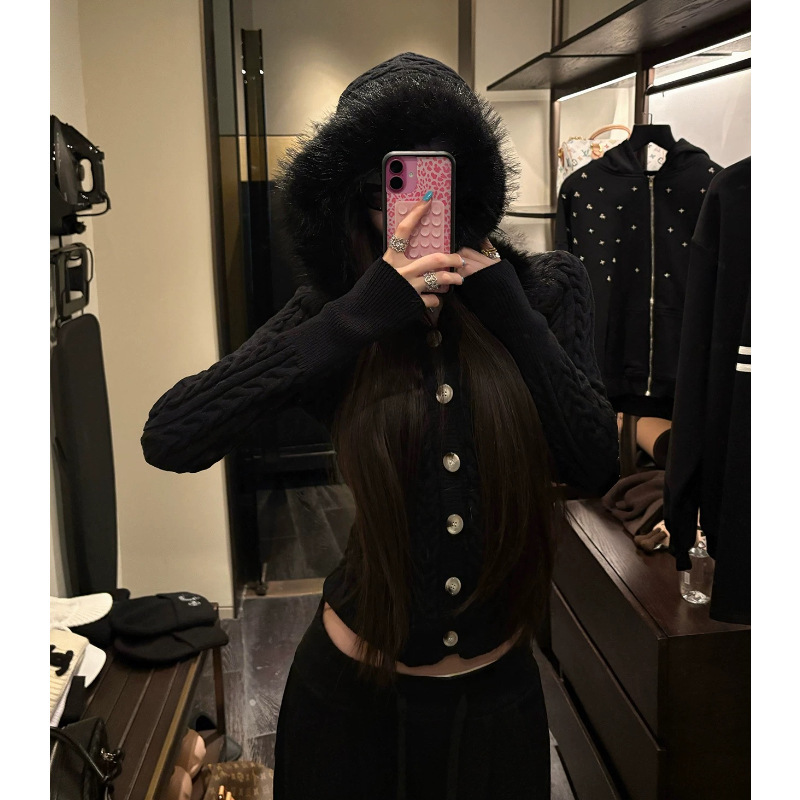 Black Twist Sweater Tops Women's Autumn Slim Fit Lazy Fur Collar Hot Girl Knitted Top 2025 New Style