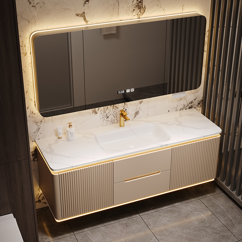 Lijieya Slate Hot-Bent Integrated Double-Basin Bathroom Cabinet Oak Hand Wash Basin Combination Bathroom Wash Cream Style