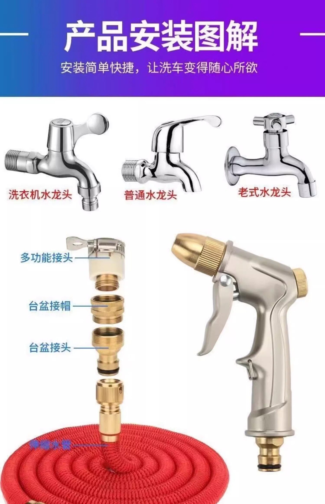 Suitable for German car wash high-pressure water gun, 2025 new model for home use, connects to tap water, explosion-proof, retractable hose, pressure-boosting cleaning