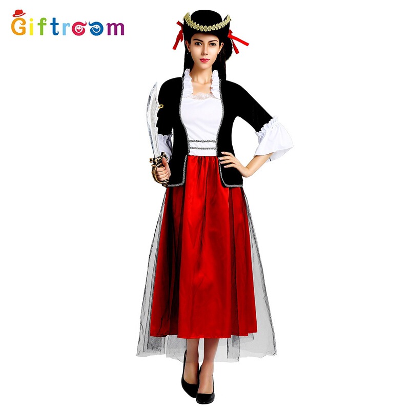 Halloween Female Court Red Long Dress Pirate Masquerade Role-Playing Costume Caribbean Noble Pirate Costume