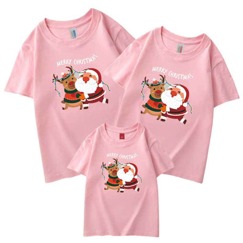 2021 cross-border Santa Deer Head algodón peinado padre-hijo ropa bebé mameluco niños manga corta cuello redondo Camiseta al por mayor