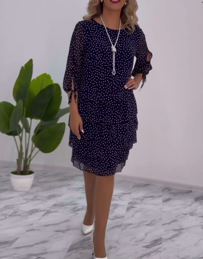 Robe midi élégante en mousseline à pois pour femme, col rond, manches trois-quarts, taille nouée, style gâteau tendance_voghion.com