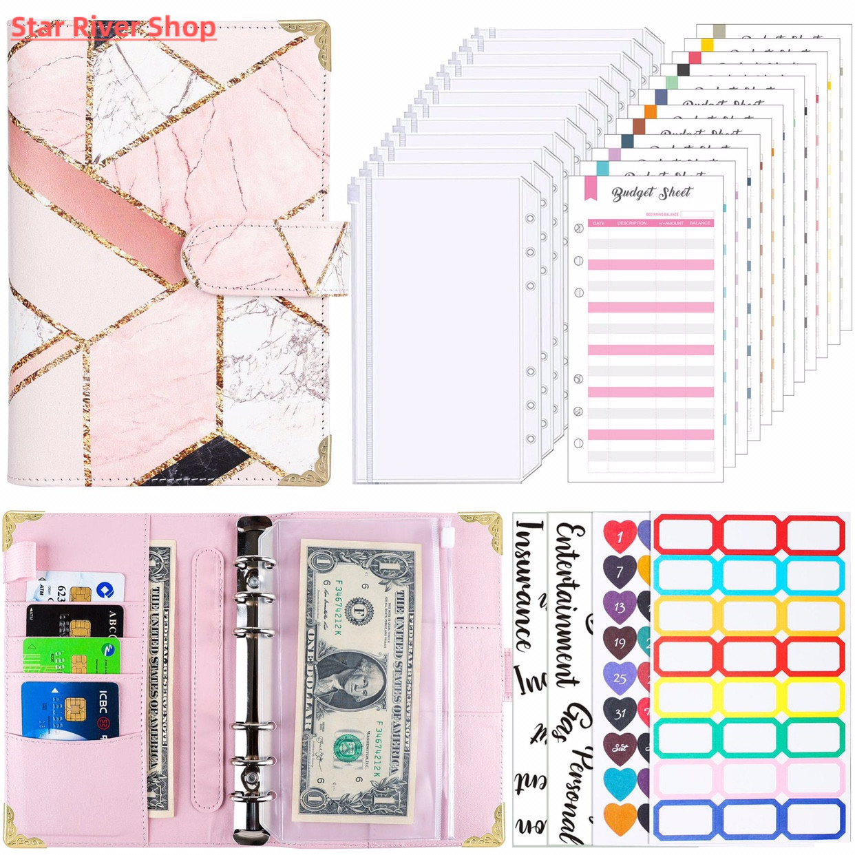 [A6 PU Leather Binder Budget Planner Cash Envelopes Wallet wi]