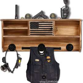 木制壁挂式战术装备架带蓝色美国国旗急救员储物架多用途收纳架