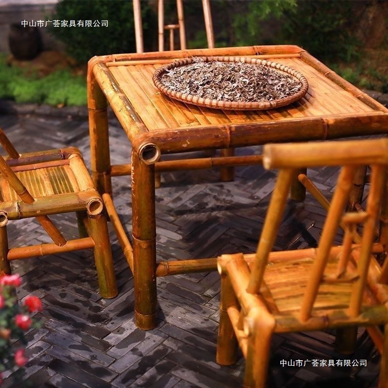 老式竹桌茶桌围炉煮茶组合野炊桌椅全套庭院茶几竹子复古民宿茶馆|undefined