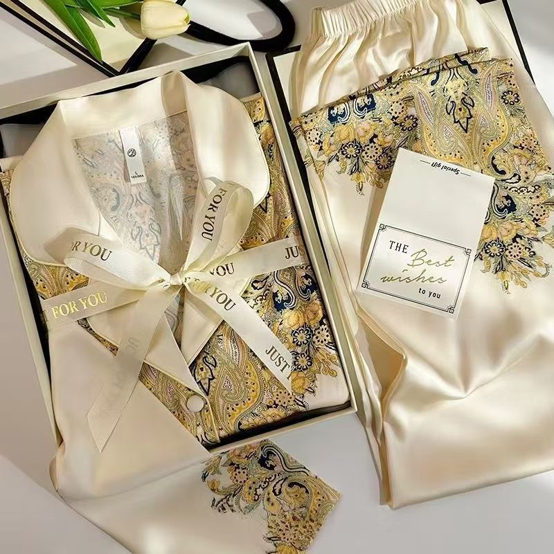 【Luxury Peacock】Live Popular Ice Silk Pajamas for Women with Turn-Down Collar, Long Sleeve, High-Density Ice Silk, Thin Homewear Set