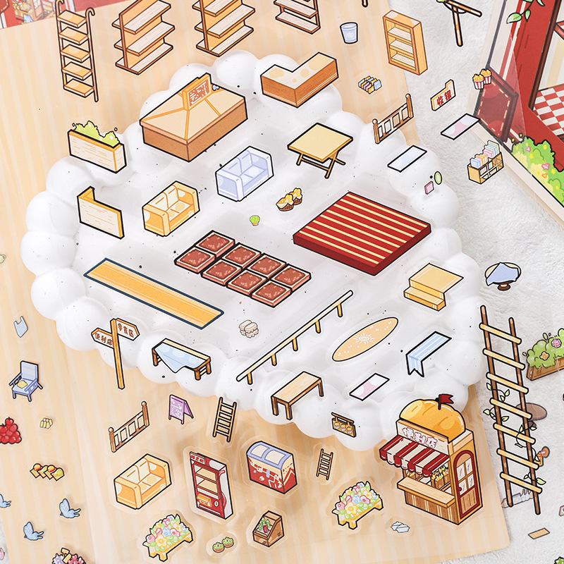 Pegatinas de paisajismo en miniatura de huellas de papel, pegatinas, series de postes, escenas de temas retro, pegatinas decorativas de material de cuenta manual