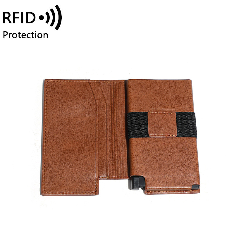 2025 nuevo cepillo antirrobo RFID multifuncional bolsa de tarjetas automática empuje hacia abajo tarjeta de bala billetera antimagnética bolsa de cartera pu transfronteriza