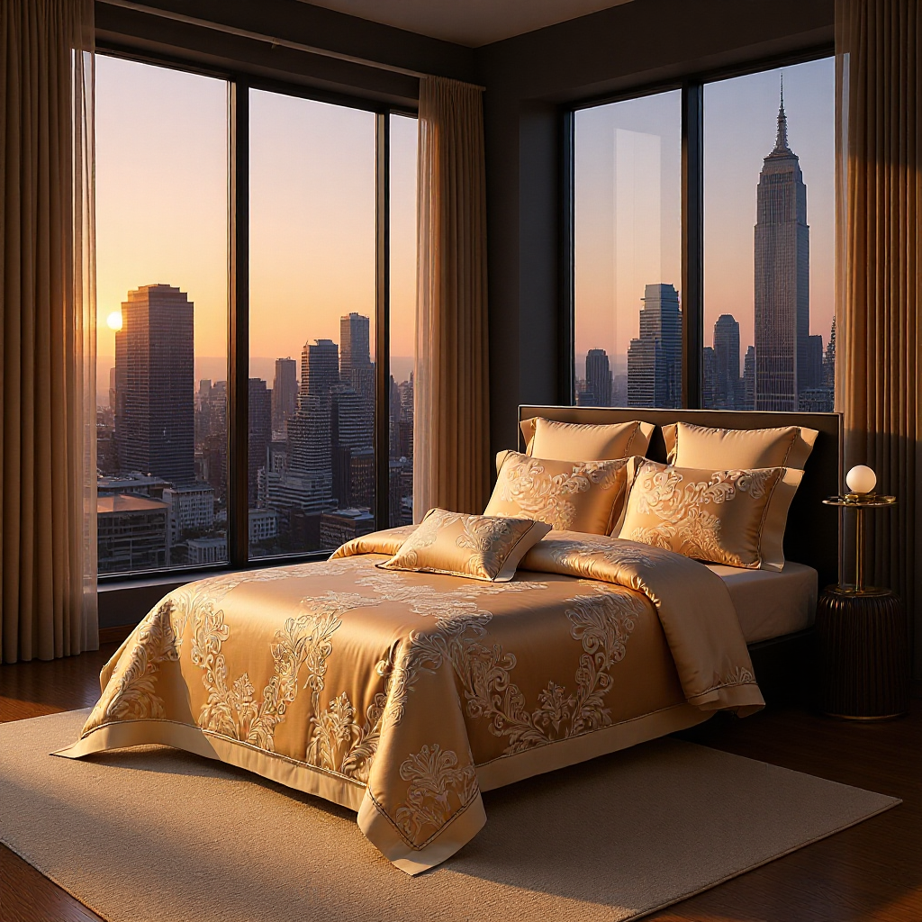 Light Luxury Jacquard Water-Gloss Silk Satin Bedding Set, Ultra-Fine Denier Tencel Cotton Four-Piece Set, Bedsheet Style, Suitable for All Seasons