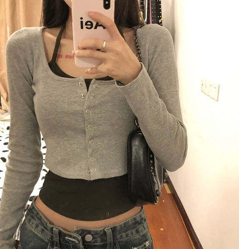 260g men's cotton modal, fake two-piece small suspender halter neck cardigan top design short T-shirt