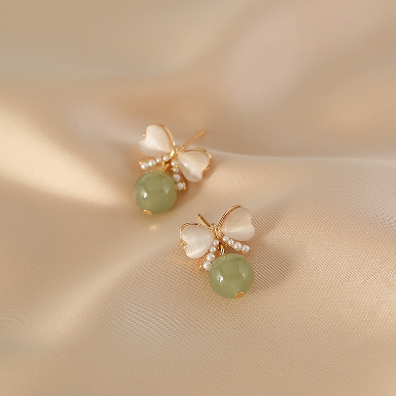 Chinese hanfu qipao dress Opal stud earrings new tide imitation of hetian jade earrings senior south Korean niche design light much earrings