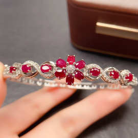 跨境天然红宝石手镯S925银镶嵌主石3*4百搭网红爆款女饰批发