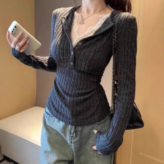 【メーカー現物】偽の2枚のレースの長袖tシャツの女性は純粋に毛のvネックのニットの修身の気質のカーディガンを磨きたいです。
