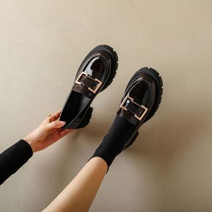 Preppy style thick-soled round toe metal square buckle loafers new Four Seasons round toe mid heel cow patent leather women's shoes