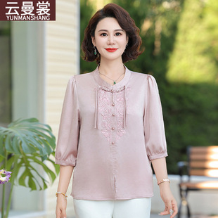 Middle-aged Mother's Pullover Embroidered Shirt Summer New Style Western Style Noble Age-reducing Small Shirt Middle-aged Elegant Top