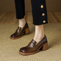 ~Thick high-heeled loafers 2024 spring washed cowhide one-legged square-toed single shoes French retro high heels