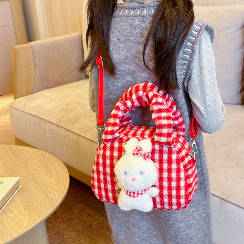 Bolsa de hombro coreana para niñas, lindo conejo blanco, bolso de moda a cuadros para bebés 2025 nuevo bolso de peluche para niños