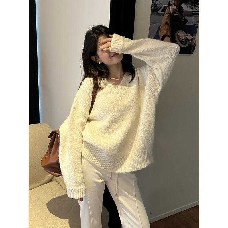 KANING日系慵懒风高级感针织衫秋冬新款纯色V字领宽松百搭套头女|undefined