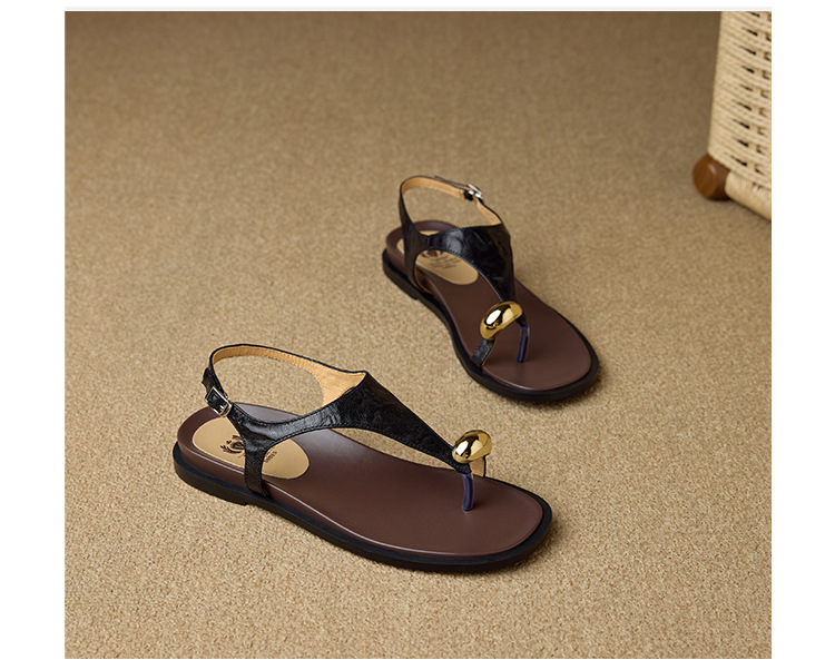 Dép sandal nữ xỏ ngón đế bệt da cừu khóa kim loại — màu nâu chi tiết 20