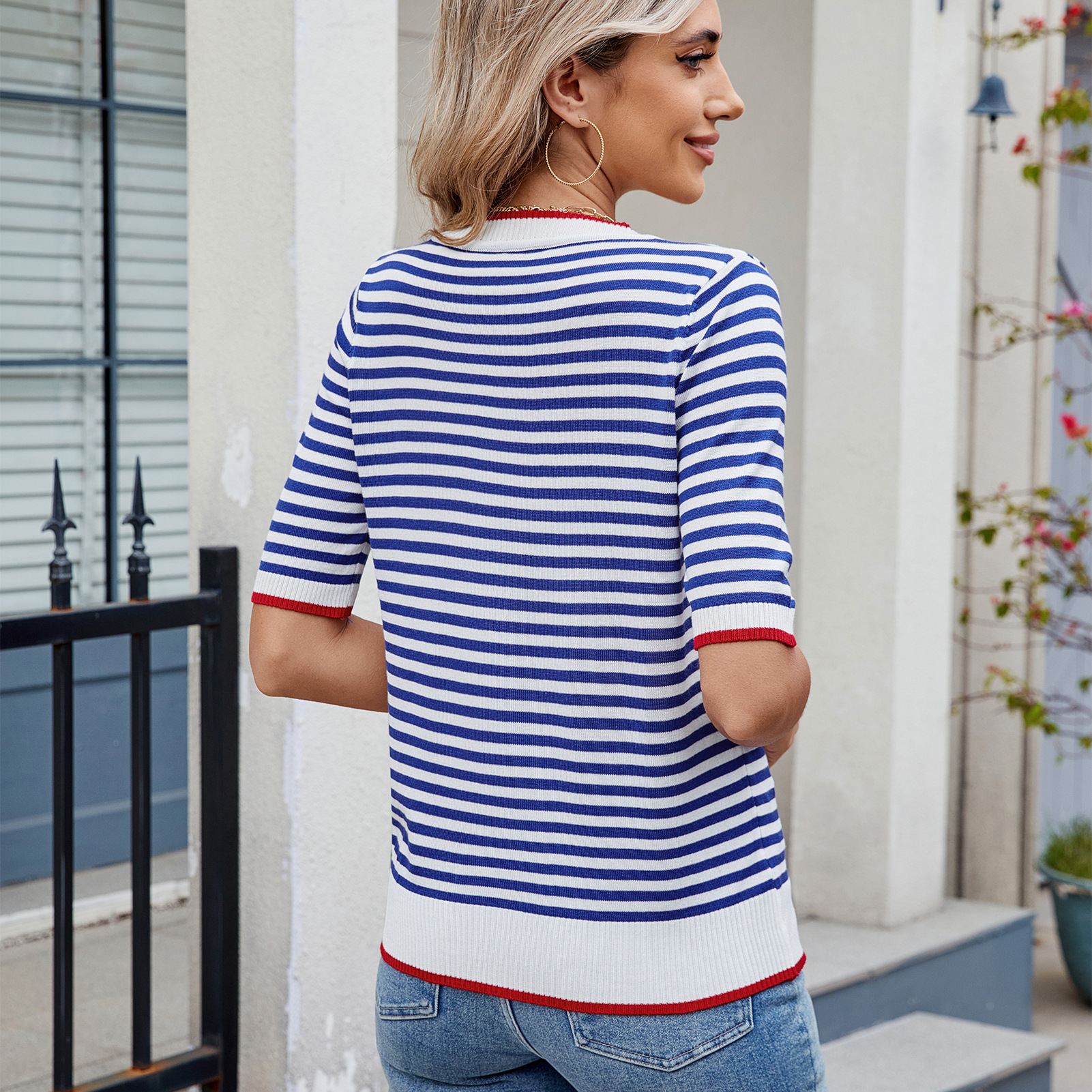 Women Clothing Summer Stripe Knitted T shirt Short Sleeve Ice Silk Contrast Color British College