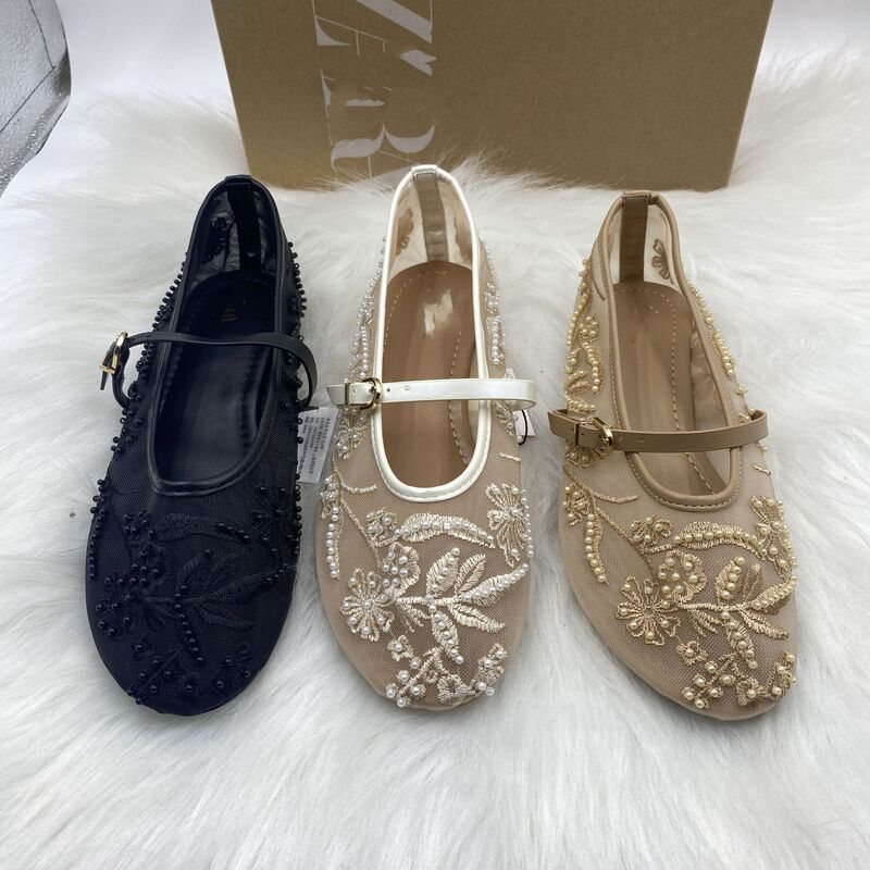 Za2025 New Women's Shoes Fashionable Flats Women's Shoes Retro Style Inlaid Lace Embroider Mesh Ballet Shoes