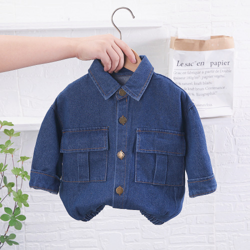 Boys 1-5 years old spring denim suit children's clothing handsome children solid color lapel denim jacket two-piece set
