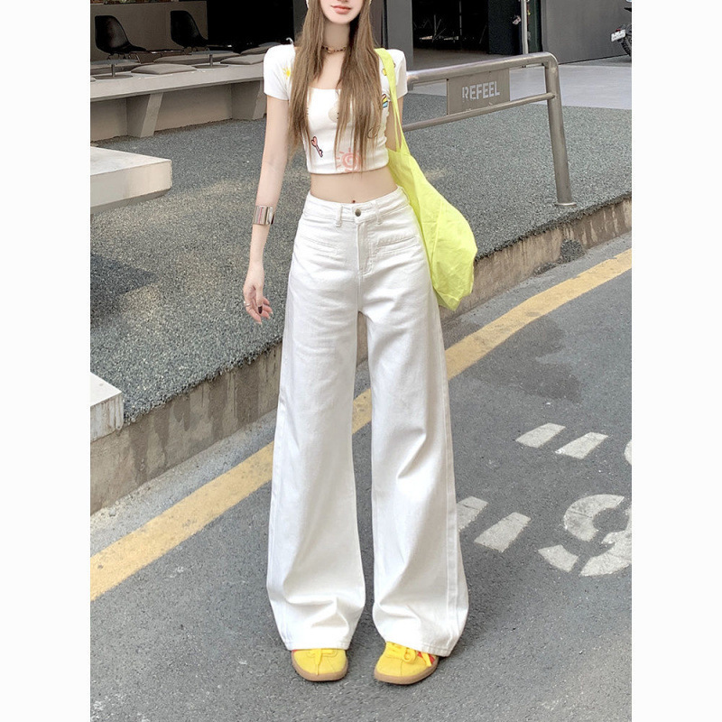 小个子时尚穿搭白色直筒牛仔裤女2025夏季新款高腰显瘦垂感拖地裤|undefined