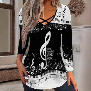 2025 Amazon Cross-Border Aliexpress Hot Style European and American New V Neck Note Printed Long-Sleeved Elegant Long-Sleeved Top