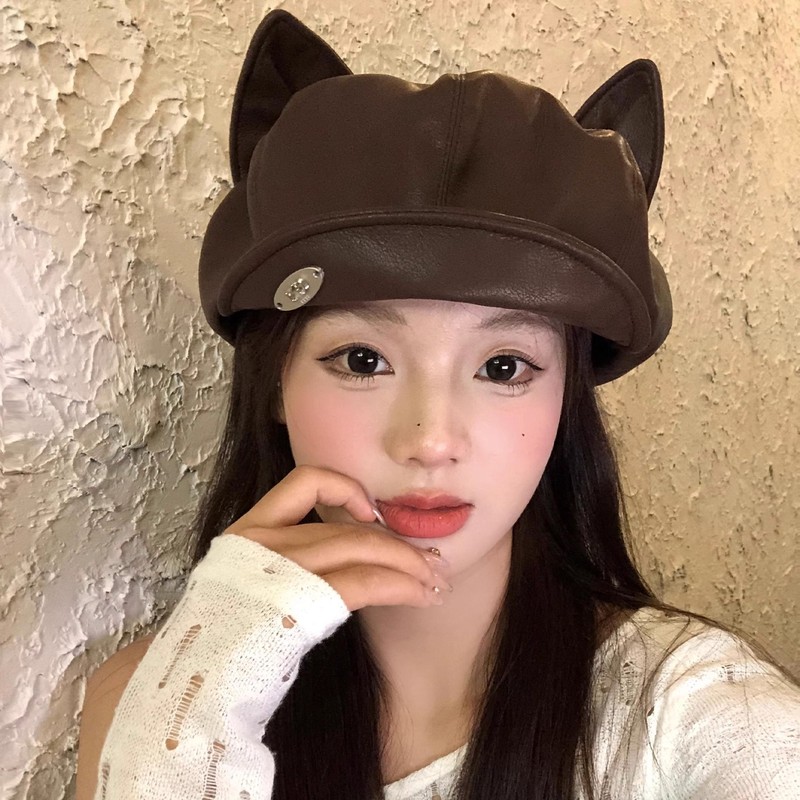 可爱卡通猫耳朵pu皮质贝雷帽女小众文艺复古显脸小云朵画家帽子潮|undefined
